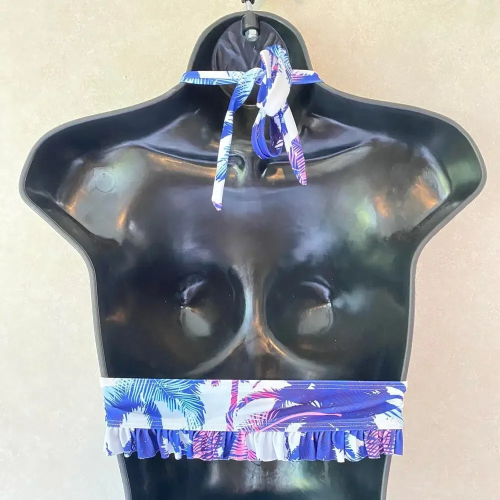 Palm‎ Tree Print Bralette Swim Top High Waisted Swimsuit, White Blue, Small